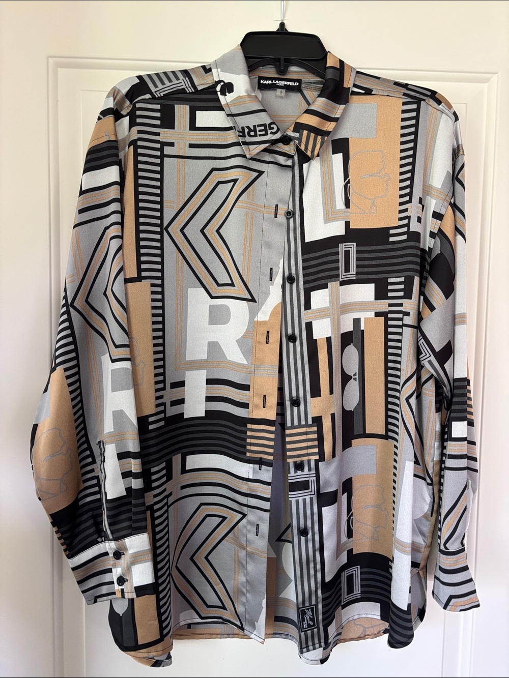 Karl Lagerfeld Geometric Print Lightweight Shirt Jacket - Black, Gray, Tan